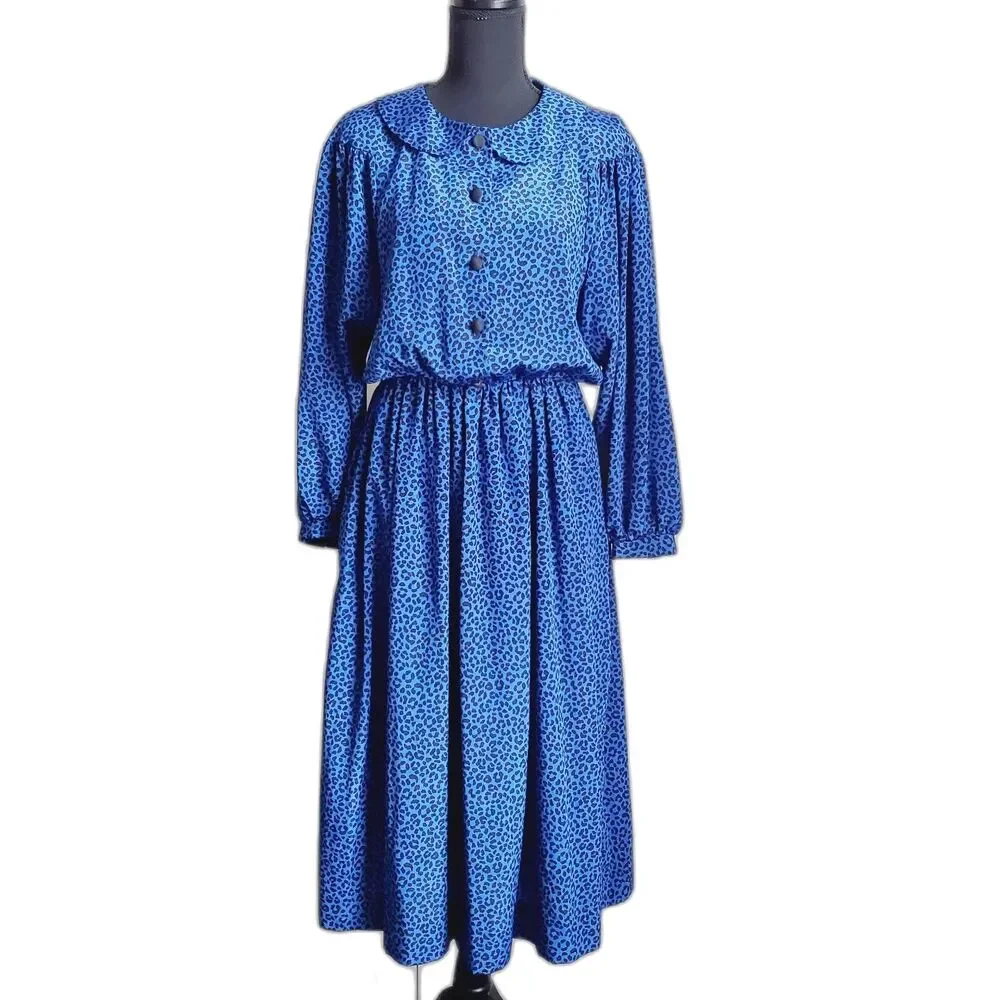 Vintage Tribute Blue Animal Print Dress Elastic Waist Long Sleeve Size M GUC - Picture 3 of 14